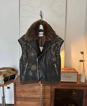 MIU MIU Женский кожаный жилет темно-коричневый