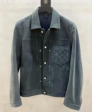 LOUIS VUITTON Мужская кожаная куртка голубая с воротником