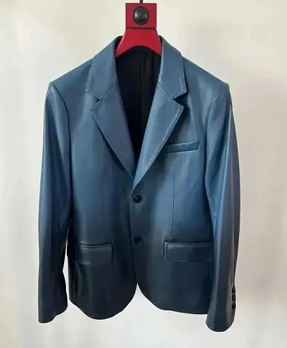 PRADA Мужской кожаный пиджак темно-синий