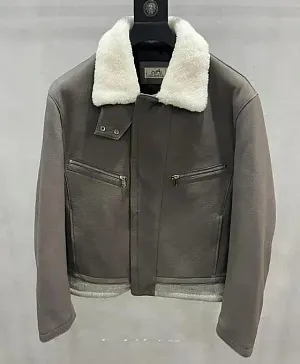 HERMES Мужская кожаная куртка с меховым воротником