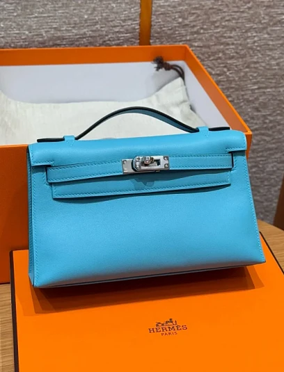 HERMES Женская сумка Kelly Pochette 22 см P3/Blue de nord Swift