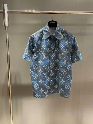 LOUIS VUITTON Мужская футболка хлопок синяя с фирменным монограммным узором