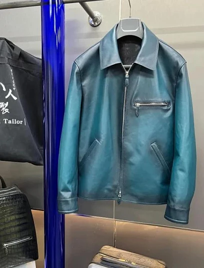 BERLUTI Мужская кожаная куртка в бирюзовом цвете