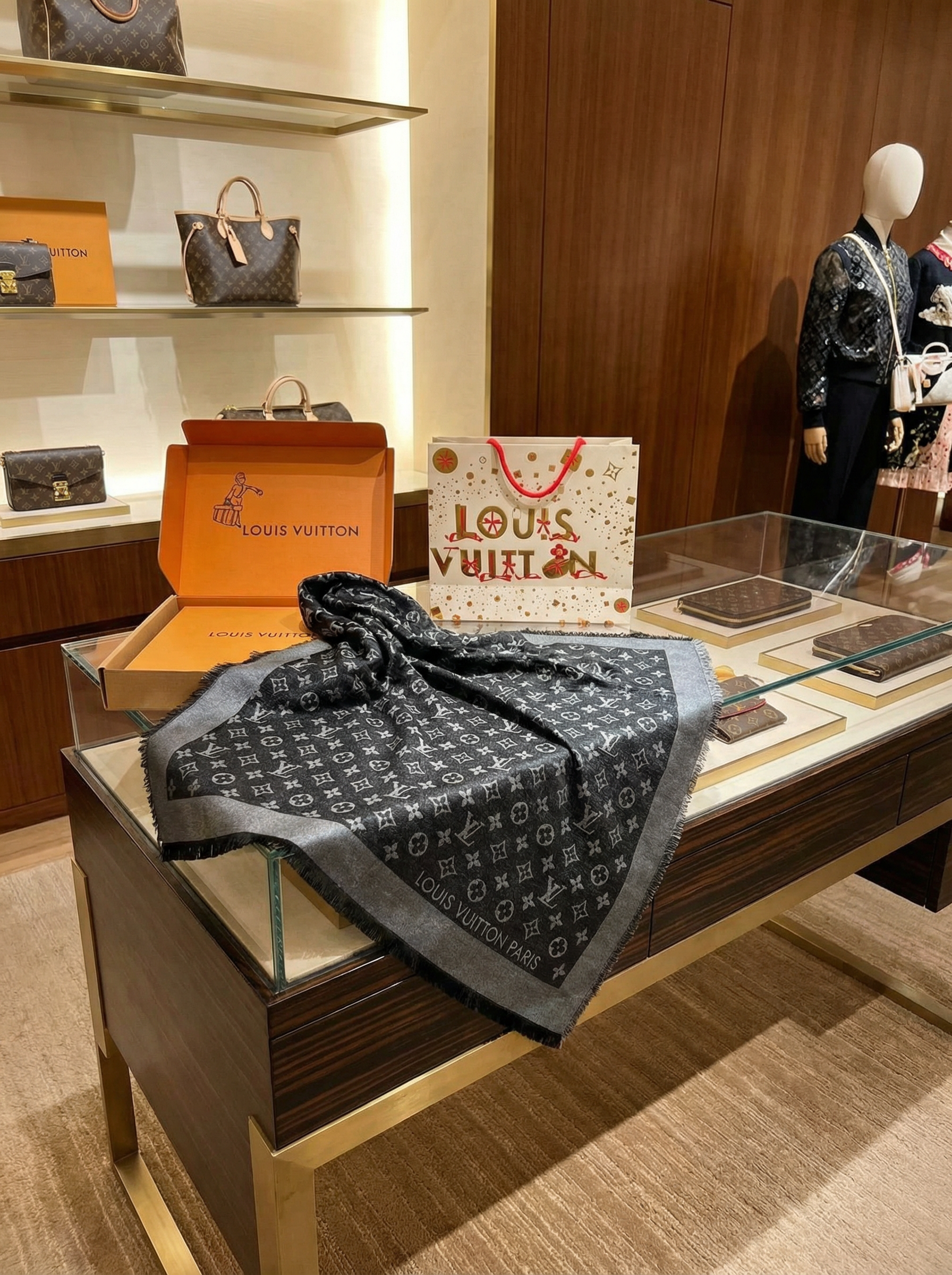 LOUIS VUITTON Женский платок из шелка графитовый LOUIS VUITTON Женский платок из шелка графитовый