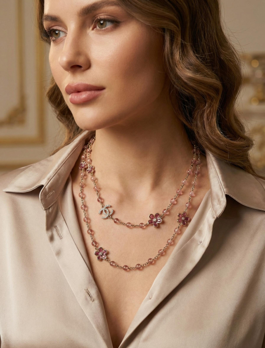 CHANEL Женское длинное колье с стеклянным жемчугом и кристаллами