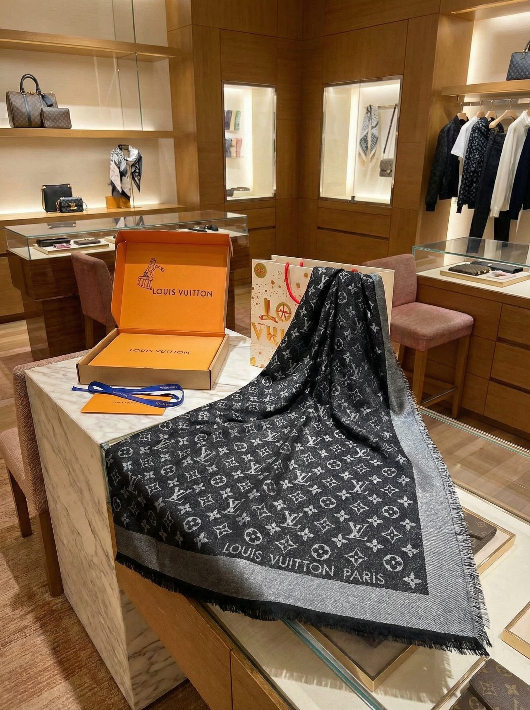 LOUIS VUITTON Женский платок из шелка графитовый LOUIS VUITTON Женский платок из шелка графитовый