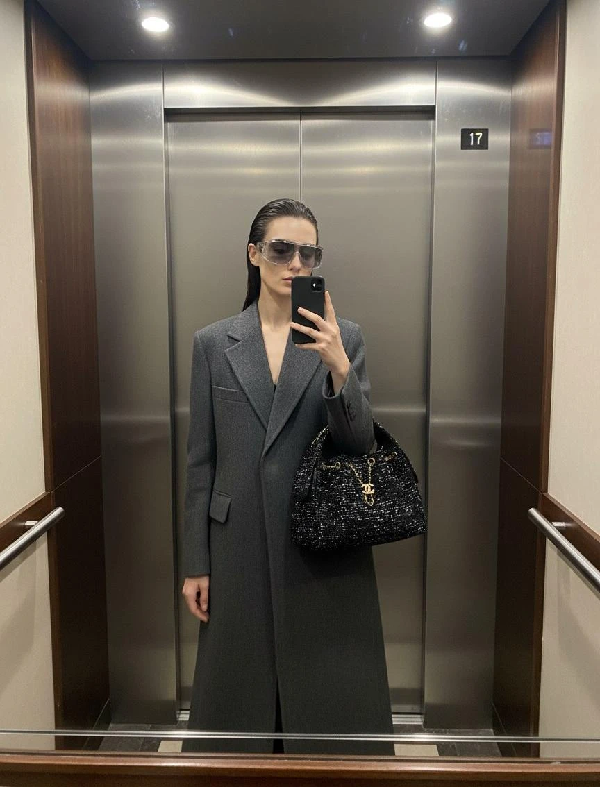 CHANEL Женская сумка Hobo 25a черно‑белом твидовом CHANEL Женская сумка Hobo 25a черно‑белом твидовом