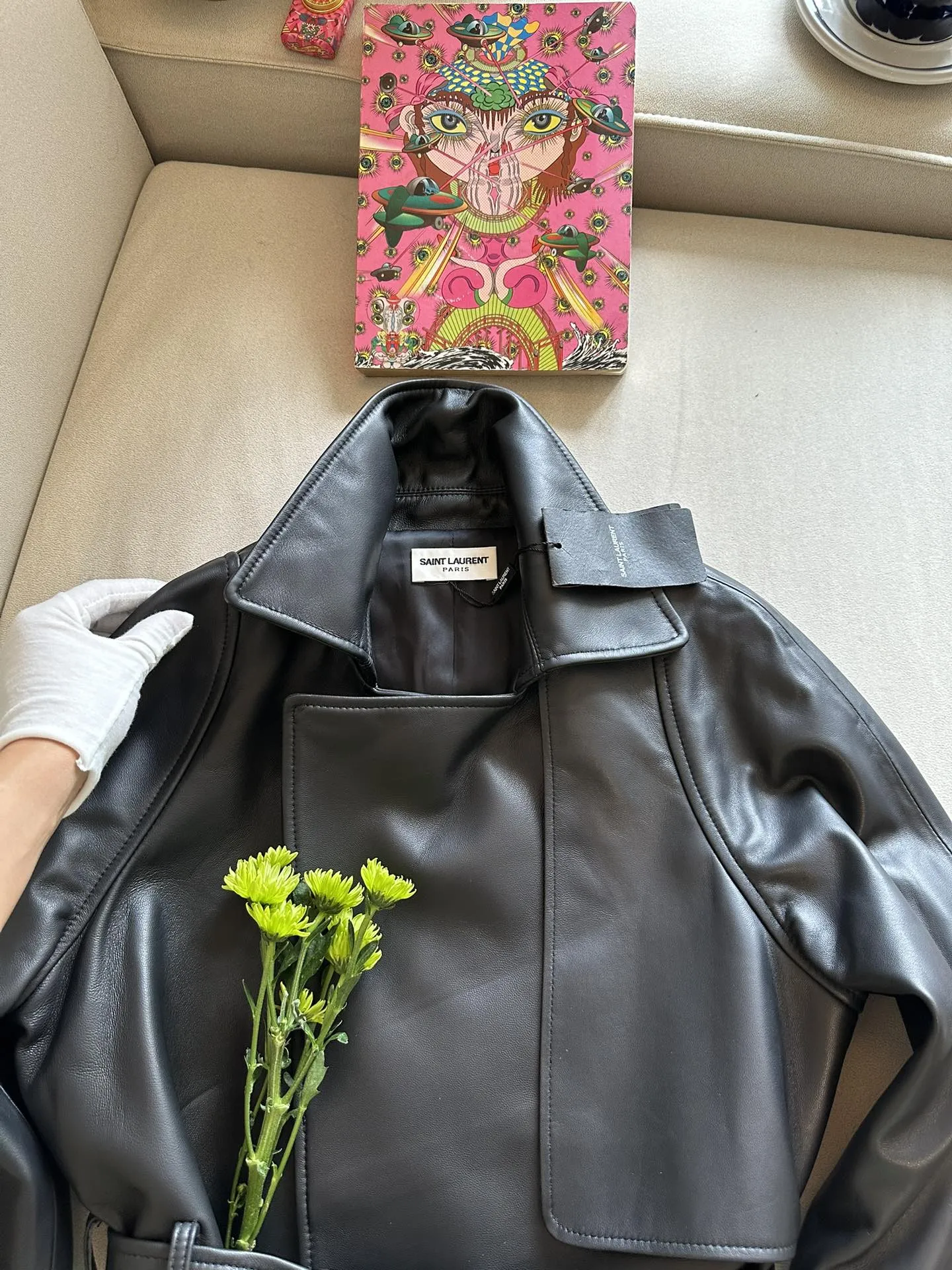 SAINT LAURENT Женская кожаная куртка из овчины с асимметричной застёжкой SAINT LAURENT Женская кожаная куртка из овчины с асимметричной застёжкой