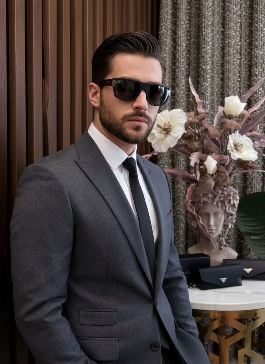 PRADA Мужские очки черные с красными вставками PRADA Мужские очки черные с красными вставками