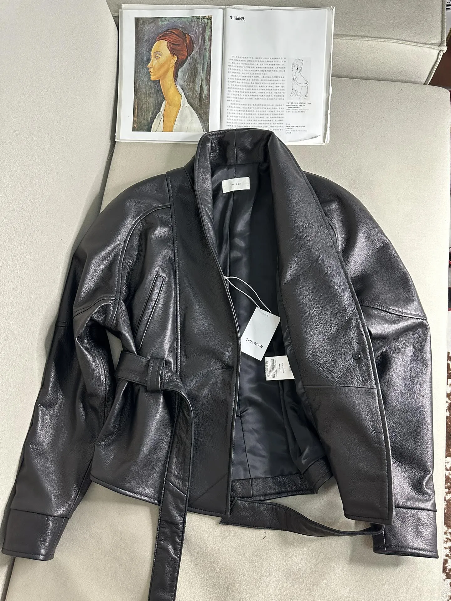 THE ROW Женская кожаная куртка с поясом бордовая