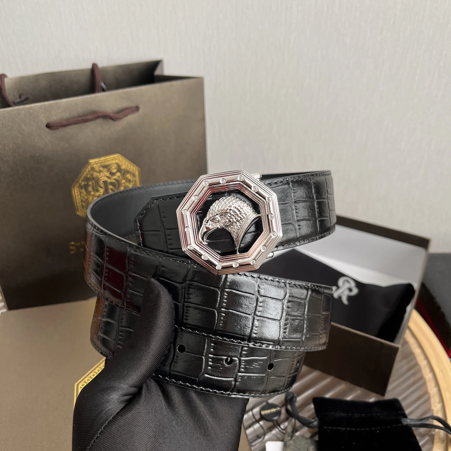 STEFANO RICCI Мужской ремень с тиснением под крокодила с золотистой пряжкой