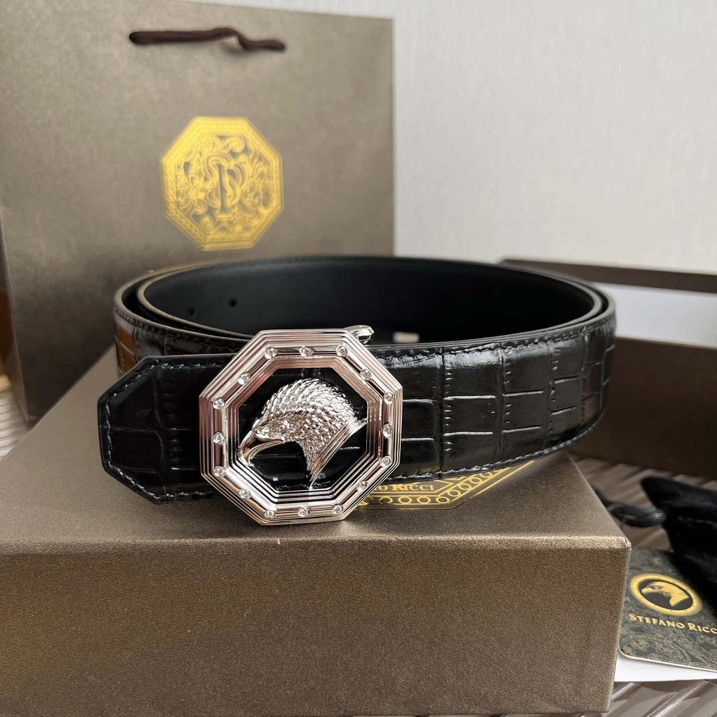 STEFANO RICCI Мужской ремень с тиснением под крокодила с золотистой пряжкой