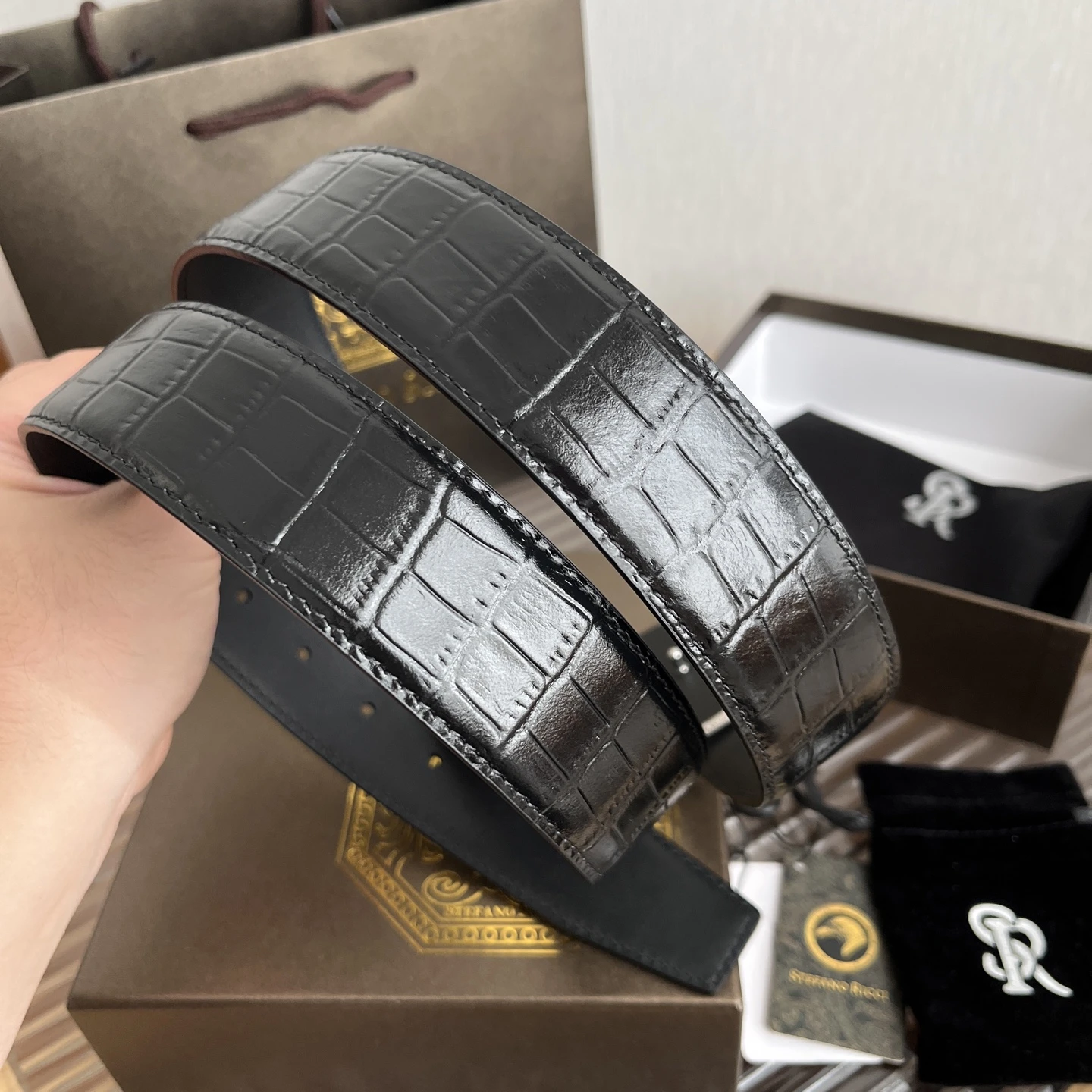 STEFANO RICCI Мужской ремень с тиснением под крокодила с золотистой пряжкой