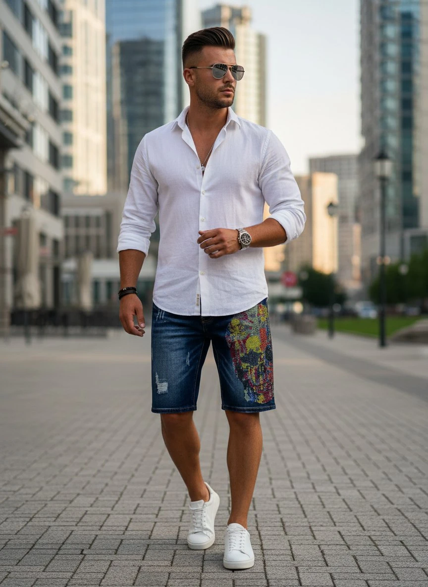 PHILIPP PLEIN Мужские джинсовые шорты короткие с черепом PHILIPP PLEIN Мужские джинсовые шорты короткие с черепом