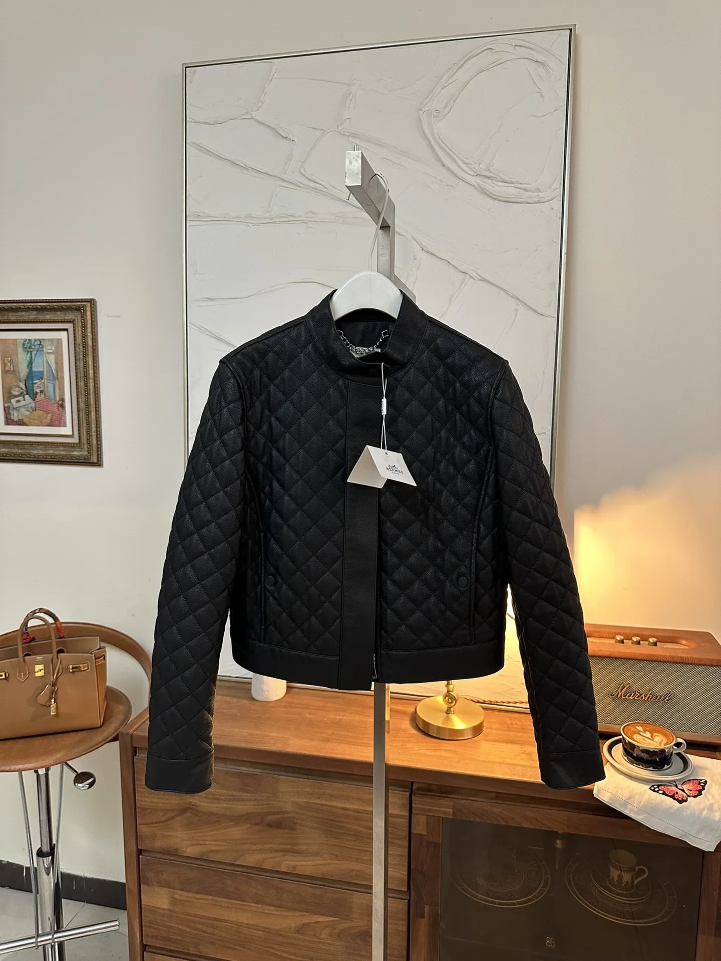 HERMES Женская кожаная куртка с воротником-стойкой