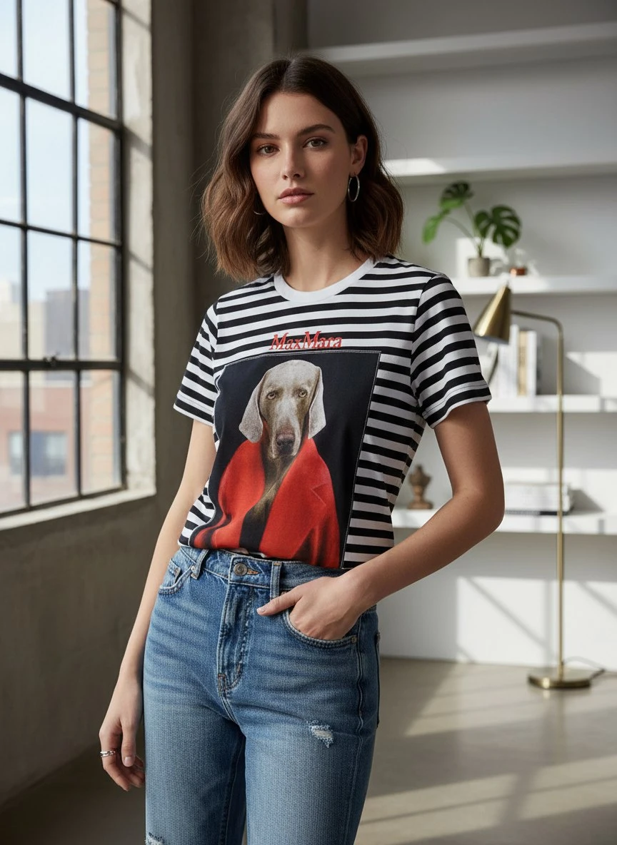 MAX MARA Женская футболка с принтом собаки MAX MARA Женская футболка с принтом собаки