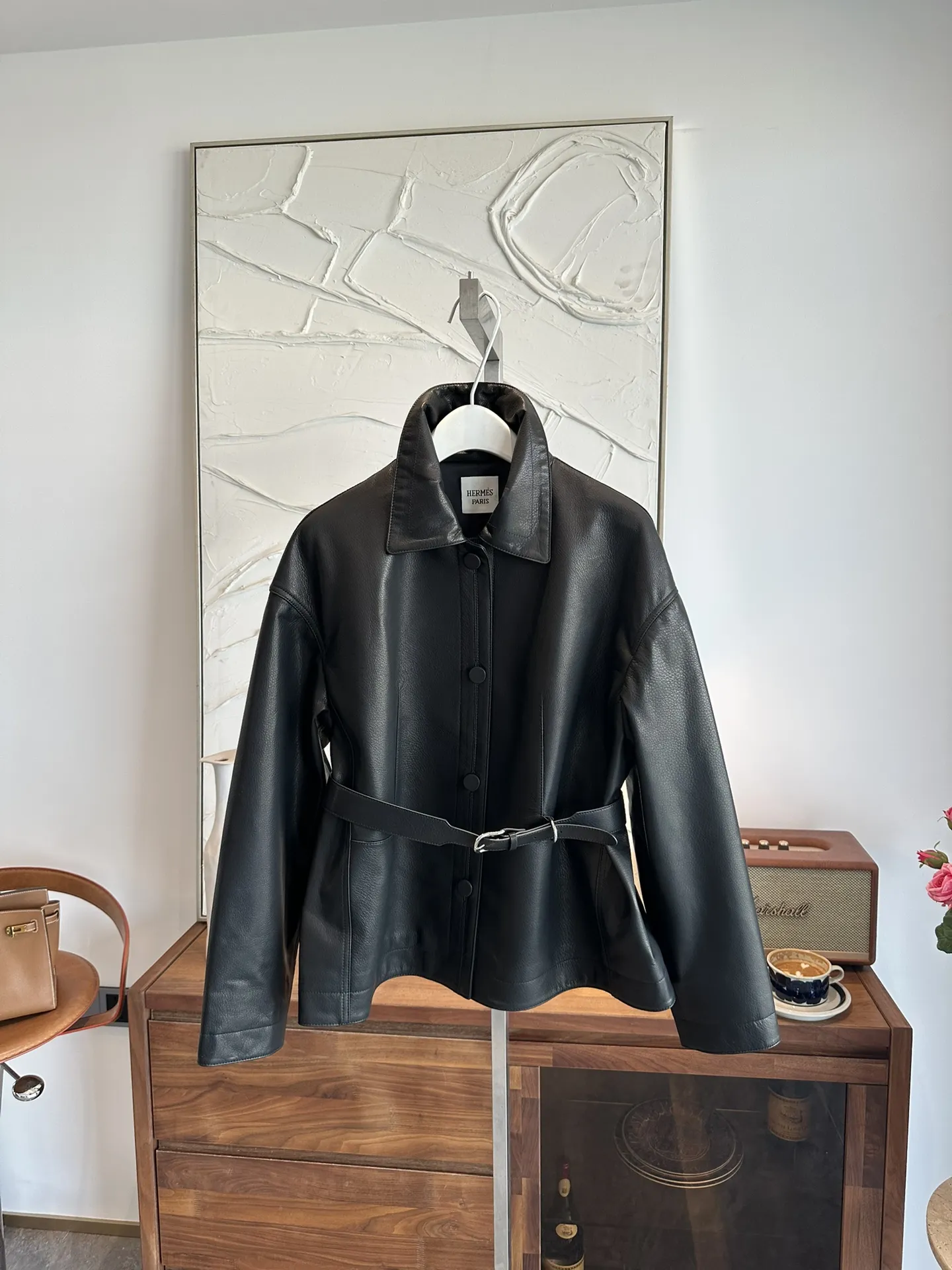 HERMES Женская кожаная куртка с поясом