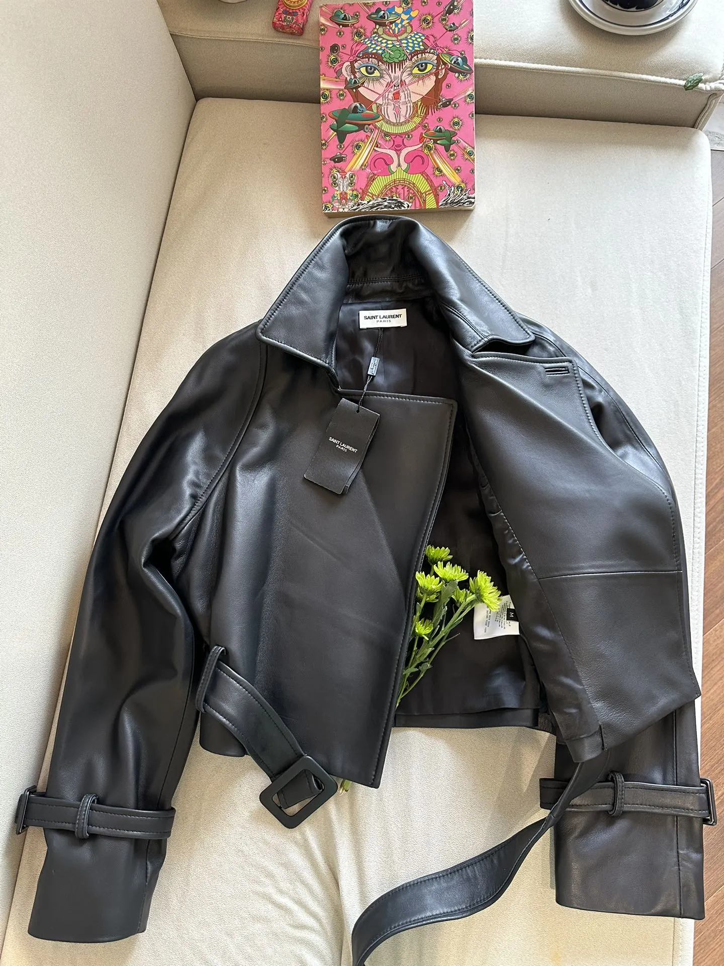 SAINT LAURENT Женская кожаная куртка из овчины с асимметричной застёжкой SAINT LAURENT Женская кожаная куртка из овчины с асимметричной застёжкой