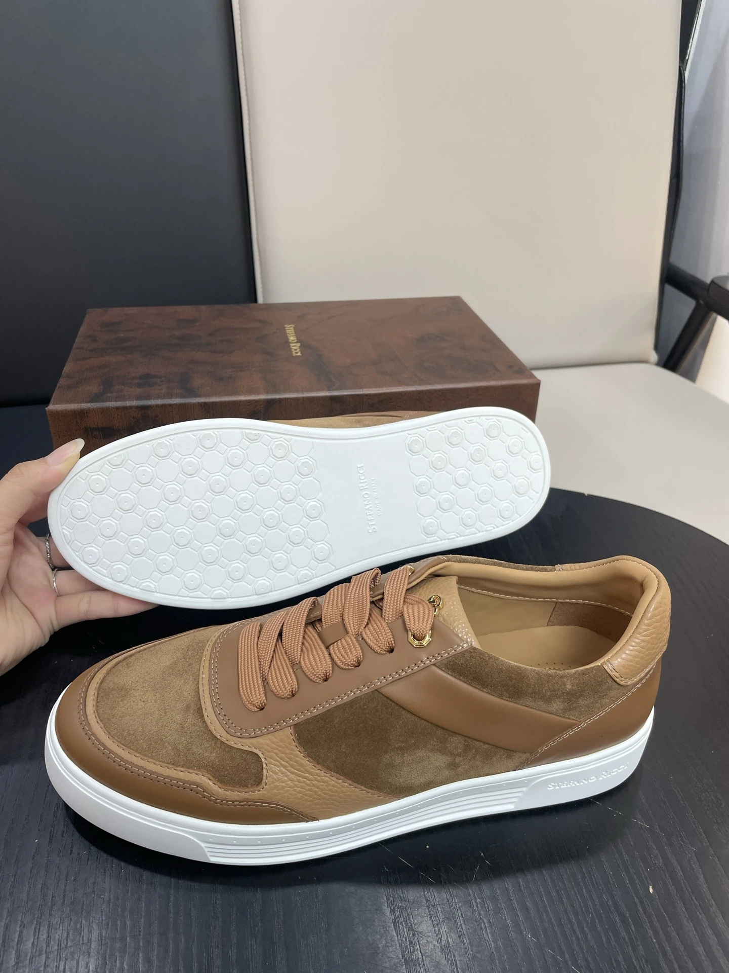 STEFANO RICCI Мужские кроссовки из гладкой кожи и замши черные с белой подошвой