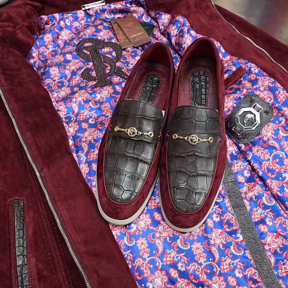 STEFANO RICCI Мужские мокасины замша и кожа крокодила STEFANO RICCI Мужские мокасины замша и кожа крокодила