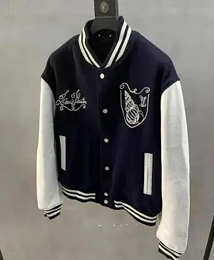 LOUIS VUITTON Мужской бомбер из шерсти и кожи темно-синего цвета