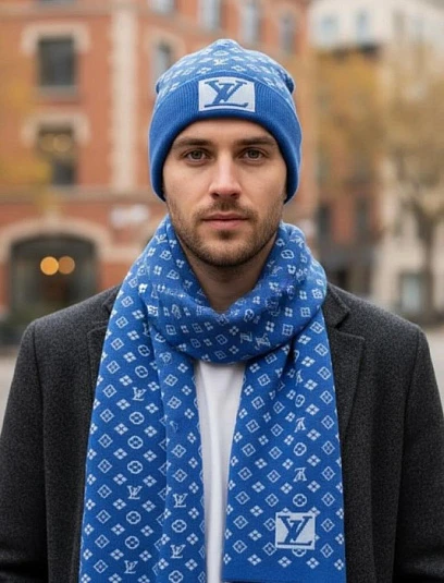 LOUIS VUITTON Мужской комплект шапка и шарф
