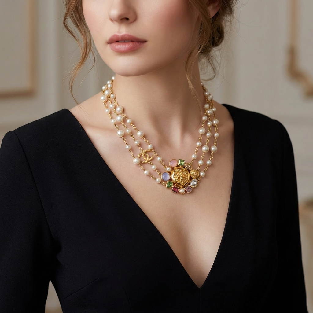 CHANEL Женское колье с жемчужинами и многоцветными кристаллами CHANEL Женское колье с жемчужинами и многоцветными кристаллами