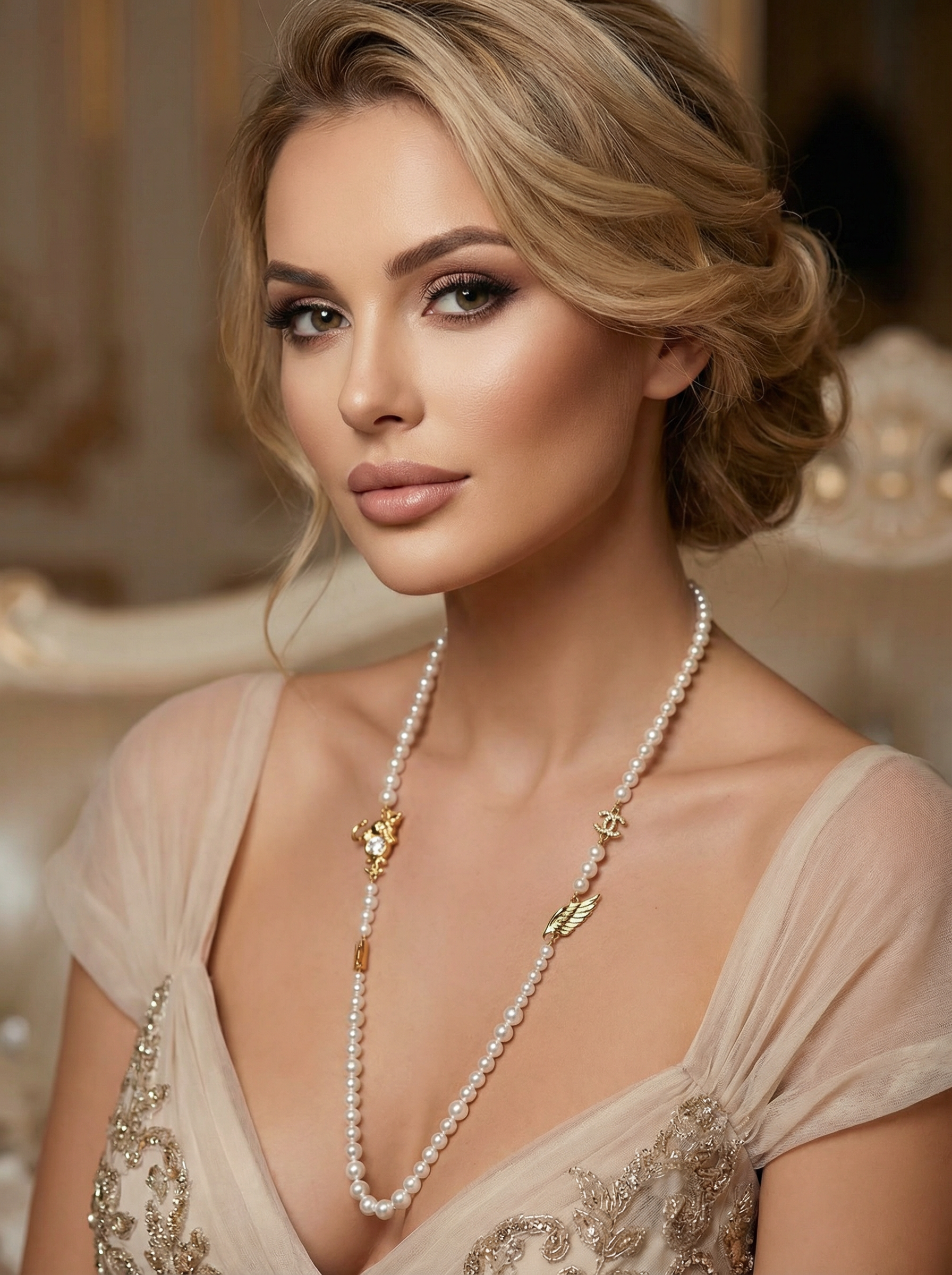 CHANEL Женское длинное жемчужное колье с золотистыми подвесками CHANEL Женское длинное жемчужное колье с золотистыми подвесками