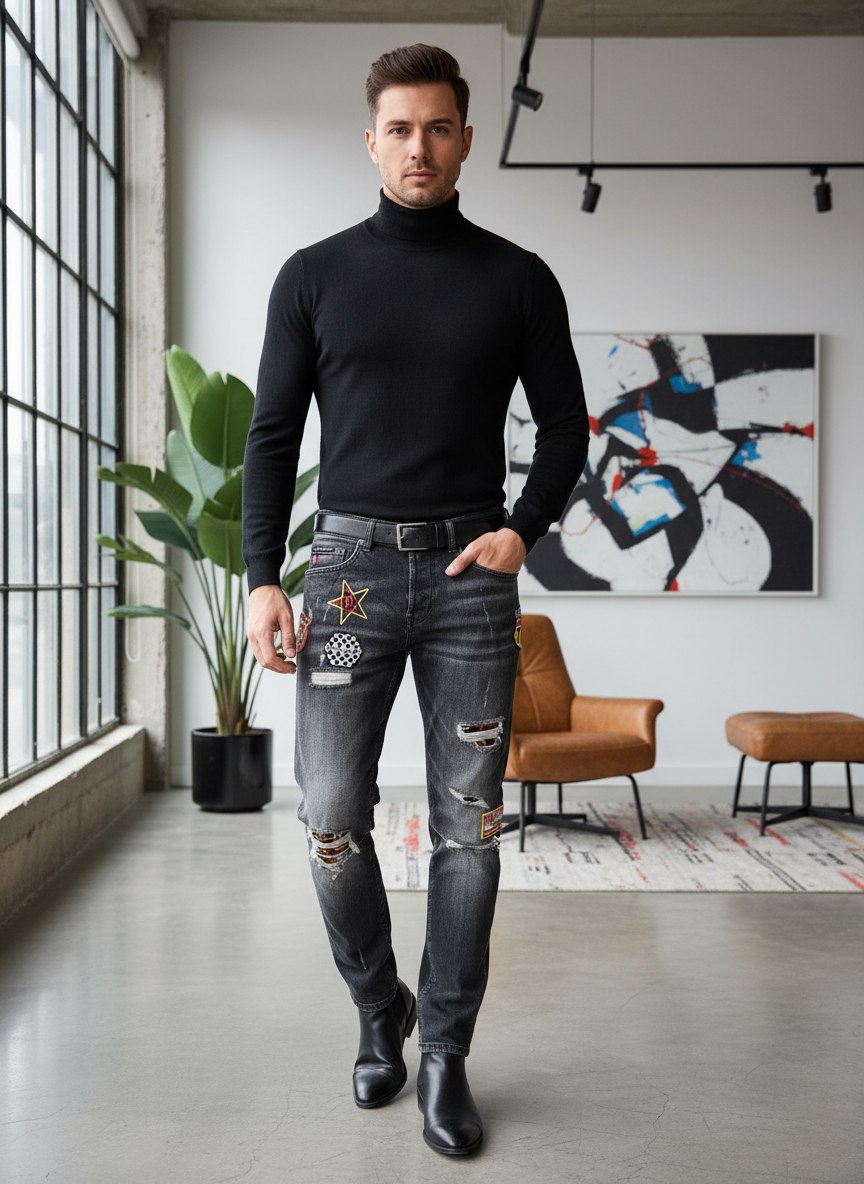 PHILIPP PLEIN Мужские джинсы с нашивками PHILIPP PLEIN Мужские джинсы с нашивками