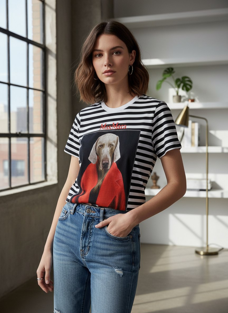 MAX MARA Женская футболка с принтом собаки MAX MARA Женская футболка с принтом собаки