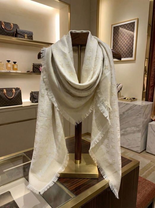 LOUIS VUITTON Женский платок из шелка и шерсти кремово‑золотой