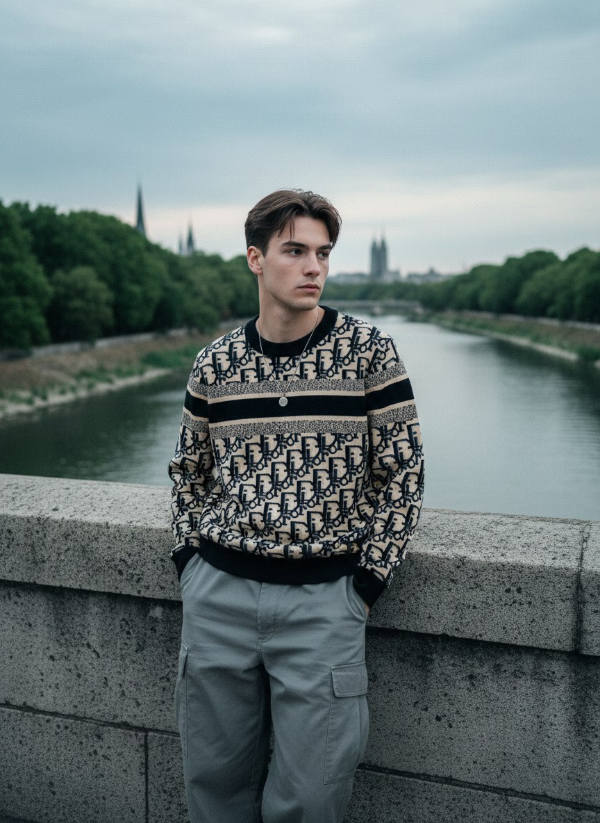 CHRISTIAN DIOR Мужской свитер бежево‑чёрный жаккард CHRISTIAN DIOR Мужской свитер бежево‑чёрный жаккард