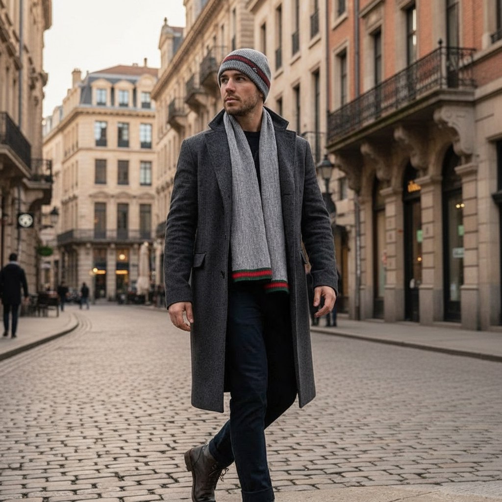 GUCCI Мужской комплект шапка, шарф из шерсти GUCCI Мужской комплект шапка, шарф из шерсти