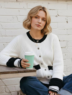 CHANEL Женский  белый джемпер с контрастной чёрной отделкой