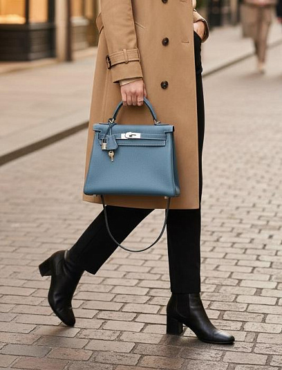 HERMES Женская сумка Kelly 28 см 75/Blue Jean Togo