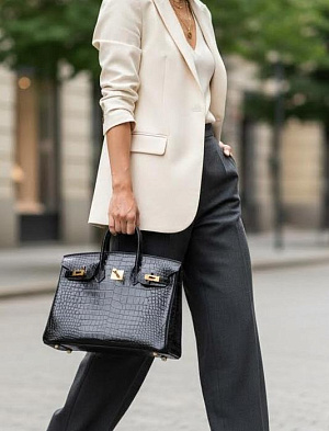 HERMES Женская сумка Birkin 25 см ck89/Noir Porosus Crocodile