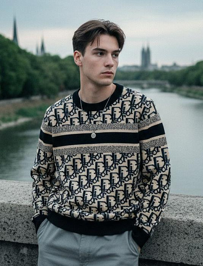 CHRISTIAN DIOR Мужской свитер бежево‑чёрный жаккард