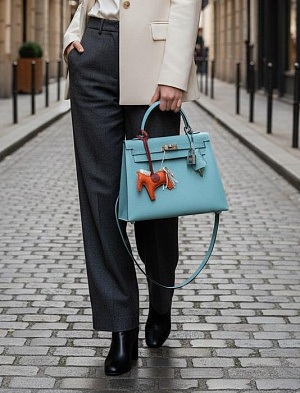 HERMES Женская сумка Kelly 25 см 3P/Blue atoll Epsom