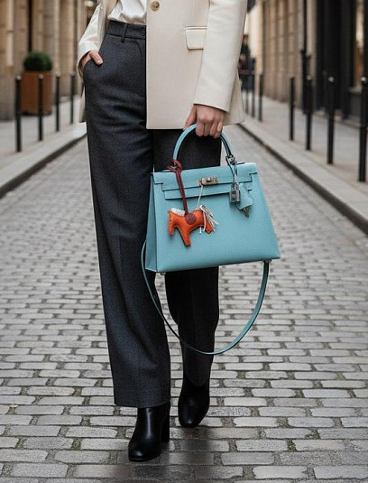 HERMES Женская сумка Kelly 25 см 3P/Blue atoll Epsom