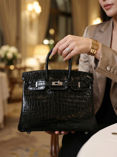 HERMES Женская сумка Birkin 25 см Noir/Glossy Porosus