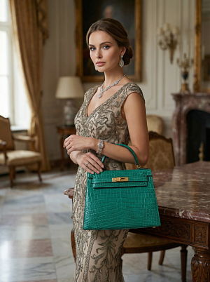 HERMES Женская сумка Kelly 28 см Emeraude/Glossy Porosus