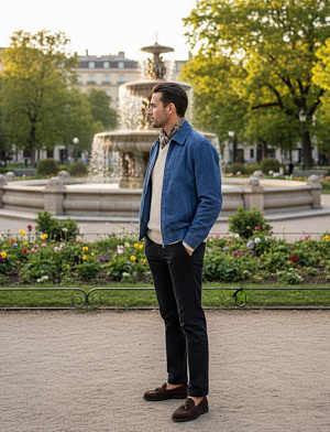 BRUNELLO CUCINELLI Мужская кожаная куртка джинсово‑голубого оттенка