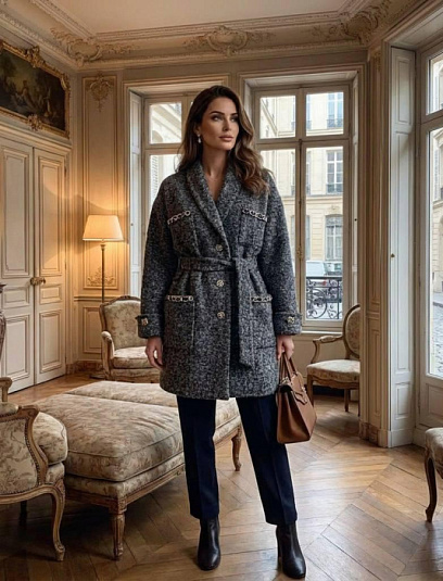 CHANEL Женское серое твидовое пальто 